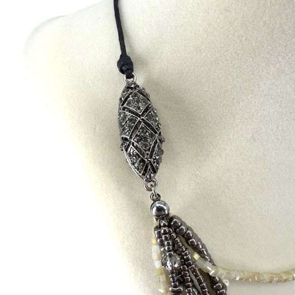 J. Jill Layered Necklace Art Deco Silver Tone Hematite Bead Pavé Adjustable Cord - Picture 6 of 15